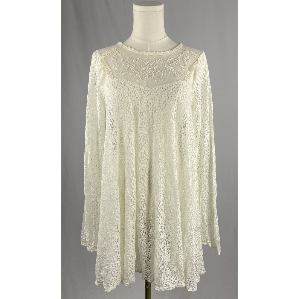 Free People Lace Mini Dress Womens Small Ivory Beaded Mesh Babydoll Boho Chic